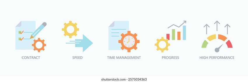 Mastering Efficiency Icon Set Isolated Vector With Icon Of Contract, Speed, Time Management, Progress, High Performance In Flat Style