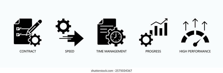 Mastering Efficiency Icon Set Isolated Vector With Icon Of Contract, Speed, Time Management, Progress, High Performance In Glyph Style