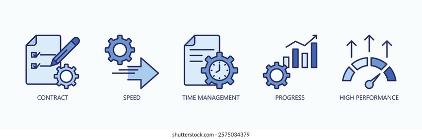 Mastering Efficiency Icon Set Isolated Vector With Icon Of Contract, Speed, Time Management, Progress, High Performance In Blue Style