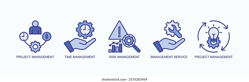 Mastering Management Icon Set Isolated Vector With Icon Of Project, Time, Risk, Service, Project In Blue Style