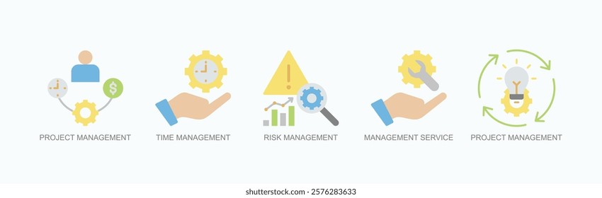 Mastering Management Icon Set Isolated Vector With Icon Of Project, Time, Risk, Service, Project In Flat Style