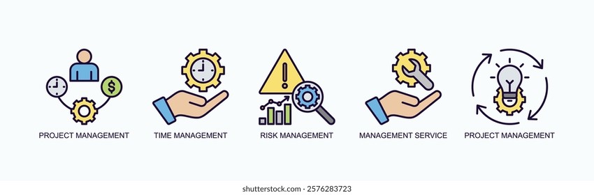 Mastering Management Icon Set Isolated Vector With Icon Of Project, Time, Risk, Service, Project In Outline Color Style