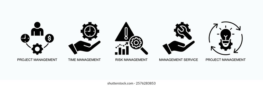 Mastering Management Icon Set Isolated Vector With Icon Of Project, Time, Risk, Service, Project In Glyph Style