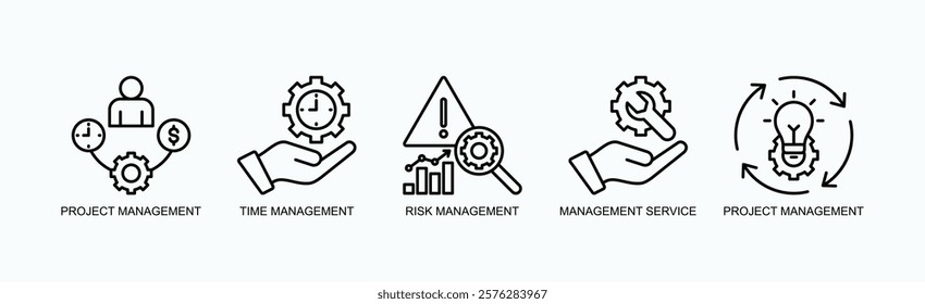 Mastering Management Icon Set Isolated Vector With Icon Of Project, Time, Risk, Service, Project In Outline Style