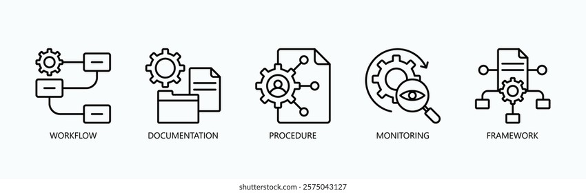 Mastering The Process Icon Set Isolated Vector With Icon Of Workflow, Documentation, Procedure, Monitoring, Framework In Outline Style