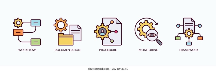 Mastering The Process Icon Set Isolated Vector With Icon Of Workflow, Documentation, Procedure, Monitoring, Framework In Outline Color Style