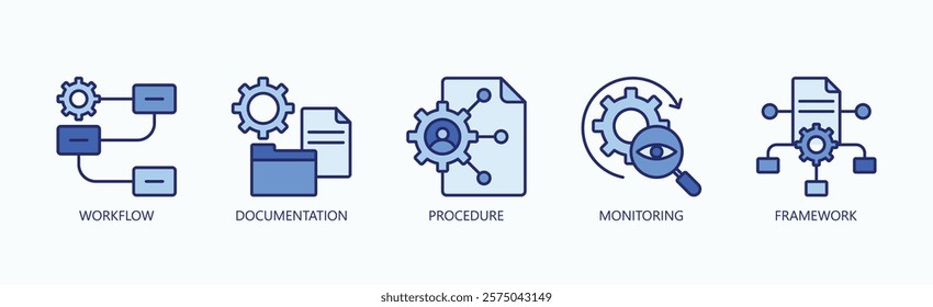 Mastering The Process Icon Set Isolated Vector With Icon Of Workflow, Documentation, Procedure, Monitoring, Framework In Blue Style