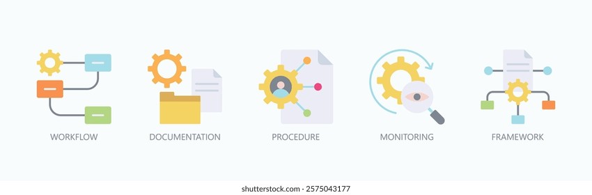 Mastering The Process Icon Set Isolated Vector With Icon Of Workflow, Documentation, Procedure, Monitoring, Framework In Flat Style