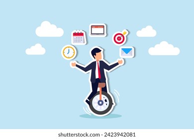 Mastering productivity, project management, multitasking, and time management maximizes output concept, skillful businessman riding unicycle juggling elements, laptop, calendar, ideas and emails.