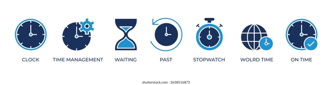 Especificação de tempo Ícones definir ilustração de vetor azul com Relógio, Gerenciamento de tempo, Espera, Passado, Cronômetro, Hora do mundo, No tempo