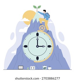 Dominar el tiempo Una persona subiendo una montaña del reloj con un brote de crecimiento
