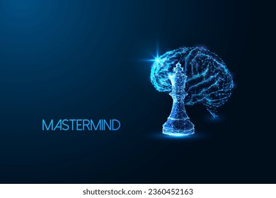 Mastermind, leadership, creative thinking, strategy futuristic concept with brain and chess figure in glowing low polygonal style on dark blue background. Modern abstract design vector illustration.