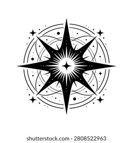 Masterpiece Big Bang icon featuring a refined cosmic explosion with expanding energy waves and celestial elements in a perfectly balanced geometric composition. Premium black and white vector emblem ideal for science education, astronomy publications, space exploration content, STEM materials, and commercial design projects.
