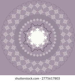 A masterpiece vector artwork of digital mandala, specifically an intricate floral or ornamental circular design. The background forming floral motif with repeating geometric line in sophisticated, mauve color palette
