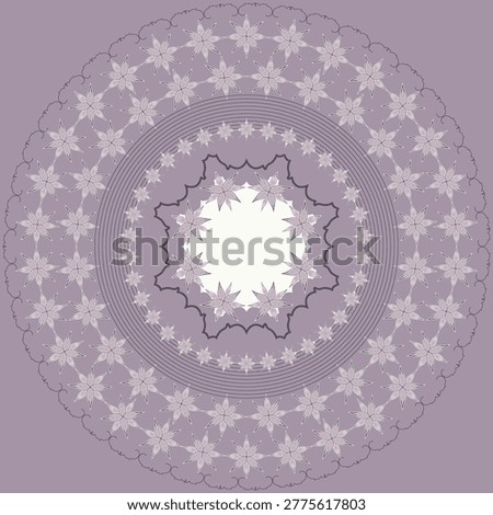 A masterpiece vector artwork of digital mandala, specifically an intricate floral or ornamental circular design. The background forming floral motif with repeating geometric line in sophisticated, mauve color palette