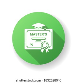 Masters degree green flat design long shadow glyph icon. University accomplishment, college graduation. Higher education. Graduation certificate with mortar board silhouette RGB color illustration