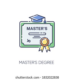 Masters degree RGB color icon. University accomplishment, college graduation. Higher education. Graduation certificate with mortar board isolated vector illustration