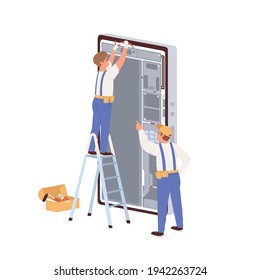 Masters repairing huge mobile phone isolated on white background. Tiny people fixing smartphone in gadget service. Troubleshooting and maintenance of cellphone by repairmen. Flat vector illustration