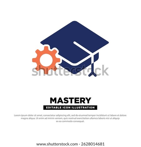 Mastery Icon. Graduation Cap and Gear Representing Advanced Knowledge. Flat editable Icon.