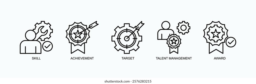 Mastery Unlocked Icon Set Isolated Vector With Icon Of Skill, Achievement, Target, Talent Management, Award In Outline Style