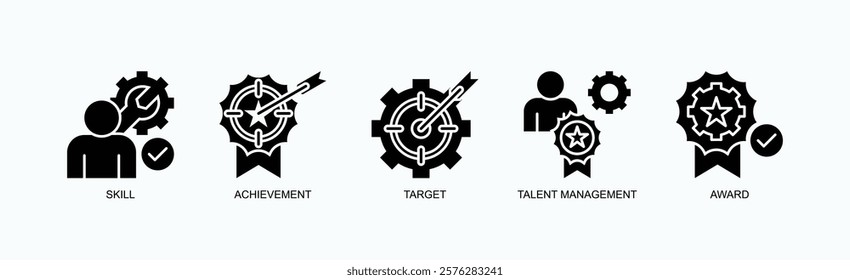 Mastery Unlocked Icon Set Isolated Vector With Icon Of Skill, Achievement, Target, Talent Management, Award In Glyph Style