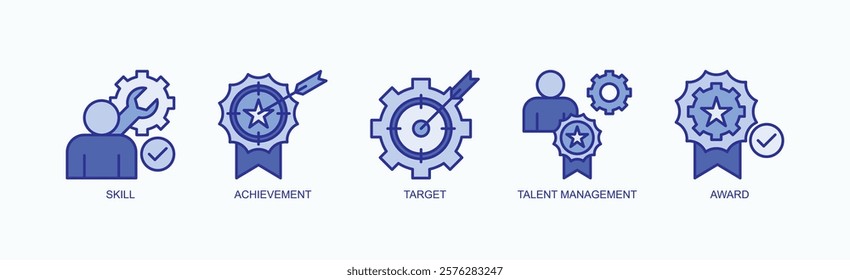 Mastery Unlocked Icon Set Isolated Vector With Icon Of Skill, Achievement, Target, Talent Management, Award In Blue Style