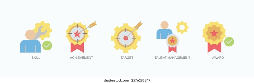 Mastery Unlocked Icon Set Isolated Vector With Icon Of Skill, Achievement, Target, Talent Management, Award In Flat Style