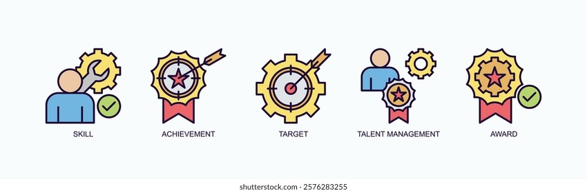 Mastery Unlocked Icon Set Isolated Vector With Icon Of Skill, Achievement, Target, Talent Management, Award In Outline Color Style