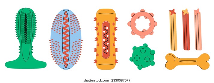 Juguetes masticadores, pienso sólido para el cuidado dental canino y la higiene. Artículos de mantenimiento para dientes de perro de todas las razas. Ilustración del vector aislada en fondo blanco