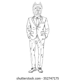 mastiff dog boy dressed up in black suit, fashion animal illustration