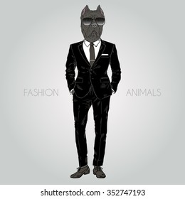 mastiff dog boy dressed up in black suit, fashion animal illustration