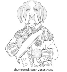 Mastiff Dog Man Portrait. Fantasy Animal Coloring Book Page For Adults