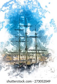 Masts of an old ship. Painted romantic image of travel by sea.