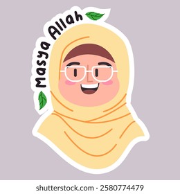 Masya Allah muslimah woman female girl wearing hijab and glasses Islam religion character happy grateful cheerful facial expression text emoji sticker icon design