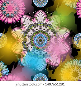 Mat for yoga or Silk scarf with symbolic image of space. Bright mandala and watercolor splash.