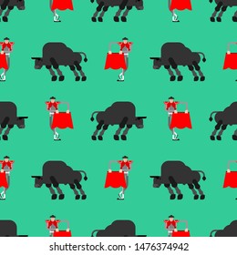 Matador and bull pattern seamless. Bullfight background. Bullfighter and ox. vector ornament