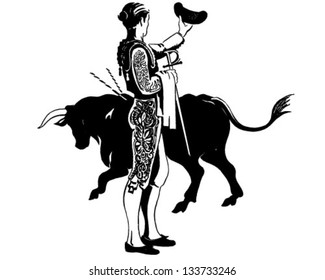 Matador With Bull - Retro Clip Art Illustration