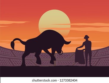 matador and bull are shown in stadium,culture and tradition of Spain,sunset time,vector illustration