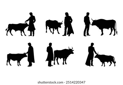 Conjunto de Clipart de Silhueta Matador e Bull, Bullfighter Vetor Black Silhouette Bundle