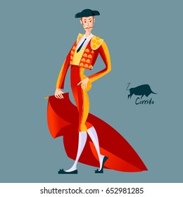 Matador with cape. Corrida de toros. Bullfighting. Vector illustration