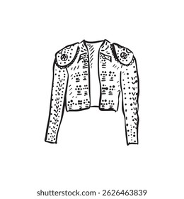A matador outfit decorated with beads. Black and white line drawing.
