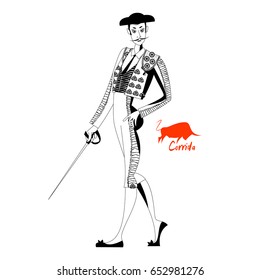 Matador with sword. Corrida de toros. Bullfighting. Black and white. Vector illustration