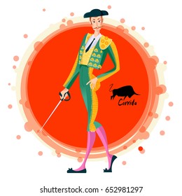 Matador with sword. Corrida de toros. Bullfighting. Vector illustration