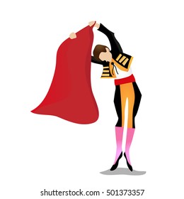 matador young male with a red rag in the hands ready for action in the arena
