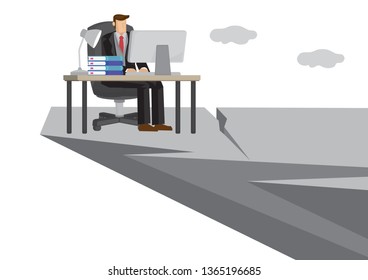Mataphor of businessman on the edge of the cliff working. Concept of risk taking or dangerous corporate operation. Isolated vector illustration.