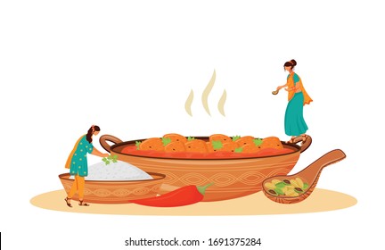 Matar paneer serving flat concept vector illustration. Female Indian cooks, women in sari preparing traditional vegetarian dish 2D cartoon character for web design. Meal serving creative idea