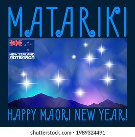 Matariki. Happy Maori New Year. Bright radiant stellar pleiades and nebula in the night sky. Flag of New Zealand or Aotearoa