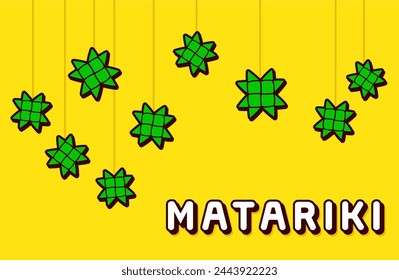 Matariki, Maori New Year celebration. Harakeke whetu (flax stars) hanging in constellation. Modern vector banner design.