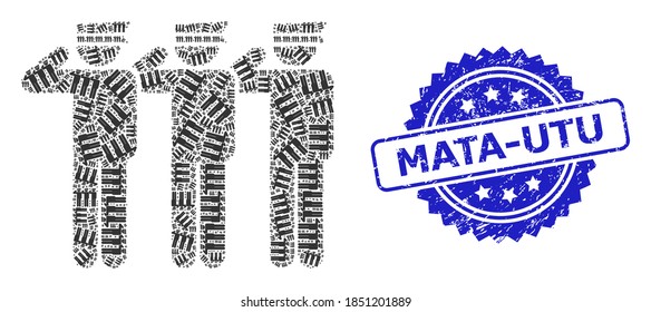 Mata-Utu corroded stamp and vector recursive mosaic soldiers. Blue stamp contains Mata-Utu caption inside rosette. Vector mosaic is made of recursive rotated soldiers items.