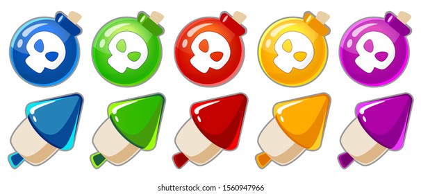 Match 3 Colorful Bombs and Rockets. Mobile Game Assets on white background. vector illustration.